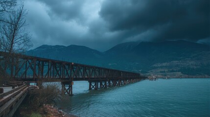 Obraz premium Scenic view of an old railway bridge stretching over a tranquil lake with mountains and dramatic cloudy sky in the background at twilight
