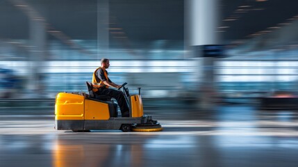 Fototapeta premium Man operating an industrial floor scrubber in a modern airport terminal, efficiently cleaning and maintaining shiny floors, showcasing professional janitorial work and commercial cleaning technology i