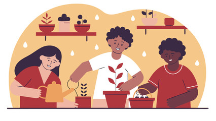 Happy diverse kids watering and potting plants with gardening tools and various pots on shelves indoors.