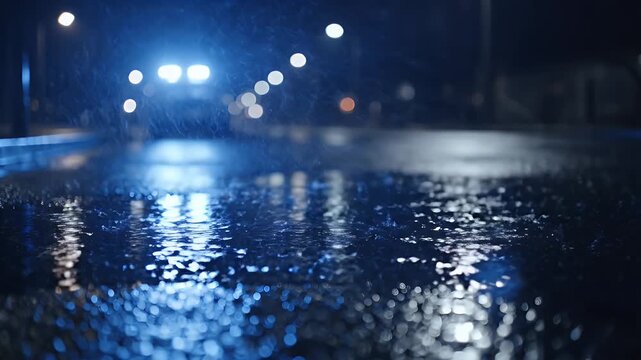 Cinematic Slow Motion Night Rain Reflecting Blue Police Lights on Wet Asphalt Road with Bokeh Streetlights
