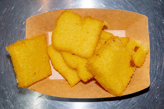Savory Golden Fried Polenta in a Paper Tray
