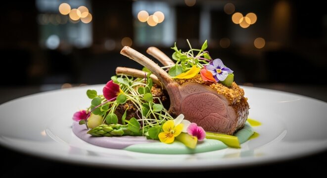Gourmet Easter dish featuring herb-crusted lamb chops garnished with edible flowers and fresh vegetables on a white plate, elegantly presented in a fine dining setting