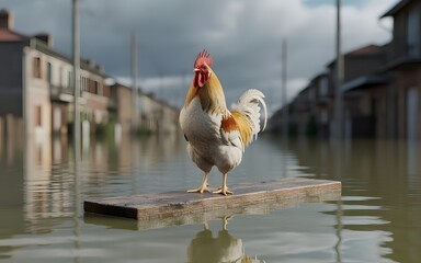 Rooster Standing Firm on Floating Wooden Plank Above Urban Floodwaters, Climate Change Concept