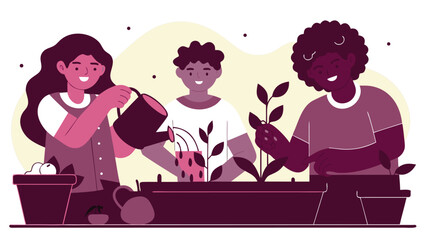 Happy diverse children watering small plants and potting seedlings with gardening tools indoors.