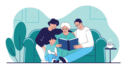 Happy family with child caring for elderly grandmother reading a book on a couch at home.
