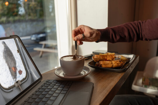 Man Stirs Cappuccino While Watching Birds on Laptop in Coffee Shop