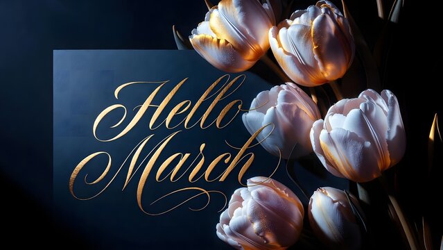 Luxury Hello March Gold Calligraphy on Dark Background with White and Gold Tulips