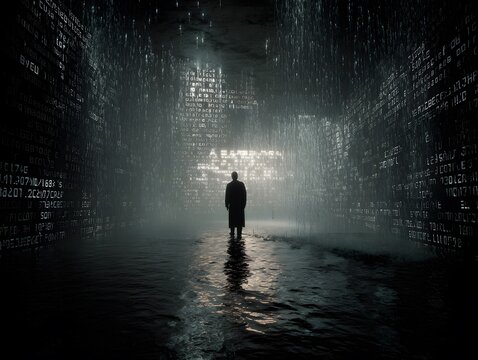 Solitary Wanderer Amidst Cyberpunk Rain: A lone figure stands, cloaked in shadows, within a futuristic urban expanse where digital text cascades like rain, the city's underbelly exposed.