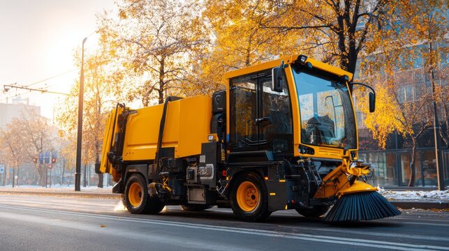 Modern street cleaning vehicle with rotating brushes in action, demonstrating efficient road sweeping and maintenance of urban streets, highlighting professional municipal cleaning equipment and machi