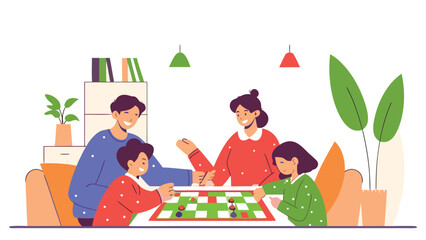 Happy family with parents and children playing a board game together at a table in their bright home.