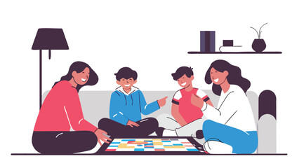 Happy family with parents and children sitting on the floor playing a board game together at home.
