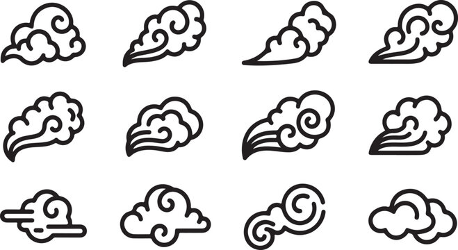 A collection of twelve different types of clouds in a variety of shapes and sizes Vector