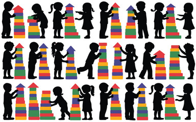 Children collaboratively building colorful rainbow block towers in a playful setting