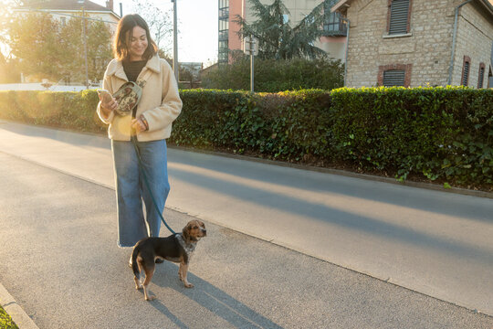 Woman Walking a Small Dog on a Sunny Street in a Residential Area