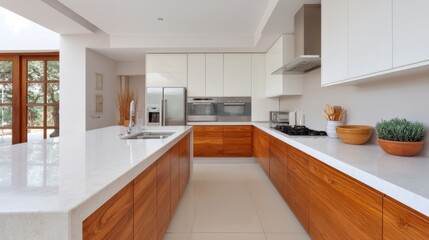 Modern kitchen design featuring sleek cabinetry, spacious countertops, and contemporary appliances in an elegant home setting with natural light