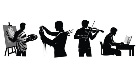 Silhouettes of people engaged in various creative and intellectual pursuits, symbolizing diverse talents
