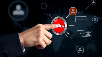 Fototapeta premium Conceptual image of a hand pressing a red disruption alert button, representing innovation, change, and potential market upheaval