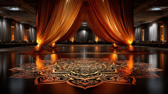 Elegant sangeet night setting features intricate patterns and warm lighting creating festive atmosphere for celebration and joy