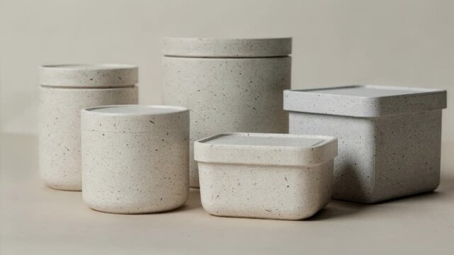 Medium shot focusing on naturalcolored recycledcontent rigid containers highlighting sustainable material textures and certified postconsumer resin use.