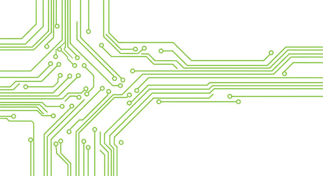 Abstract background with green lines and dots representing the intricate pathways and components of a printed circuit board.