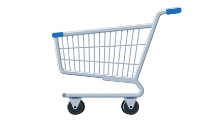 Empty metal shopping cart with blue handles and black wheels, ready for groceries and retail purchases.