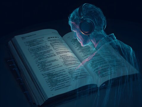 Immersion in Literacy: A silhouette of a person engrossed in a book, their form overlaid with ethereal light, enhanced by the presence of headphones.