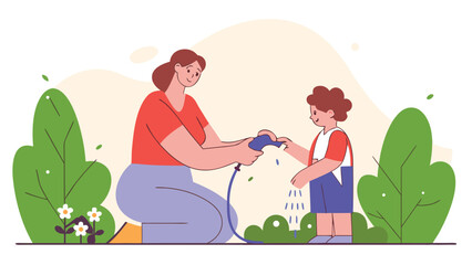 Happy mom teaches son hygiene, washing his hands with water from a garden hose outdoors among plants.
