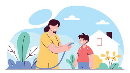 Happy mom teaches son hygiene, washing his face with water from a garden hose outdoors near house.