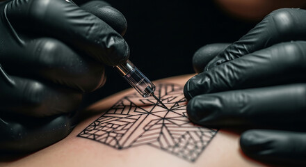 Fototapeta premium Intricate black geometric tattoo being inked on skin by gloved tattoo artist. concept of body art, design precision, detailed tattoo work, professional tattooing