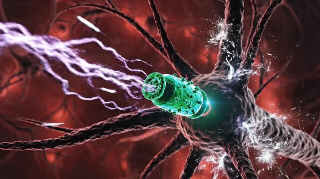 Close up of a green nanotechnology particle interacting with a human neuron cell in vibrant red background with soft glowing lights