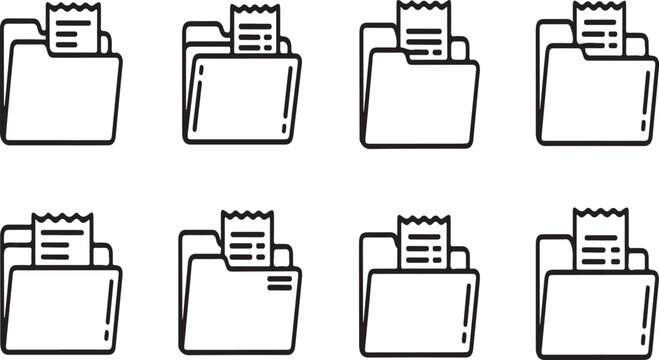 Eight identical folders with documents and papers inside, all lined up in a row Vector