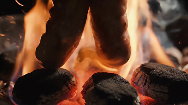 Close up of a juicy sausage cooking over hot glowing charcoal embers with bright orange flames and wisps of smoke rising creating a warm inviting