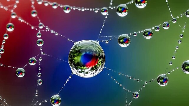 A mesmerizing macro shot captures the intricate beauty of a spider web adorned with countless glistening dew drops. Each delicate water droplet acts as a tiny spherical lens, reflecting a vibrant, col