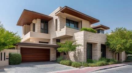 Modern Architectural Design of a Luxury Home Featuring Natural Stone Facade and Contemporary Elements in a Serene Neighborhood Setting