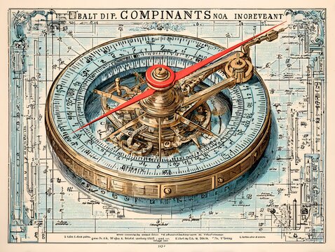Navigational Compass: A detailed illustration of a vintage compass, its intricate mechanisms and directional needle point towards a pathway for exploration.