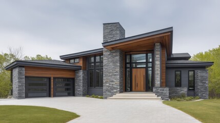 Modern architectural design of a luxurious home featuring stone and wood elements with a large entrance and driveway in a serene outdoor setting