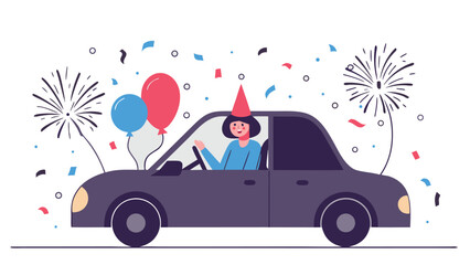 Joyful person in a party hat driving a car with balloons and confetti, celebrating New Year's Eve with fireworks.
