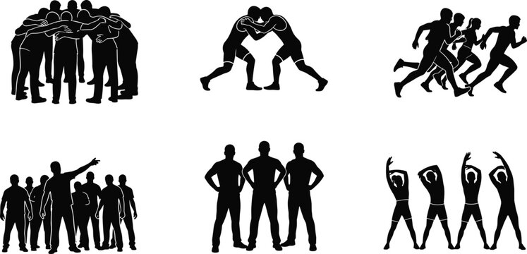 Athlete team silhouette collection showing group huddle wrestling running leadership and warm up exercises isolated vector illustration set