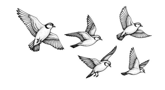 Collection of five sparrows in flight, rendered in a detailed stippling illustration style
