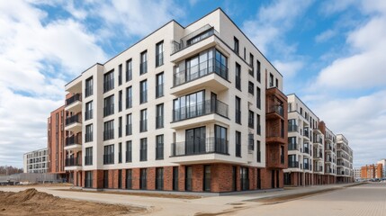 Modern residential buildings with sleek architecture and stylish balconies against a cloudy sky in an urban development area