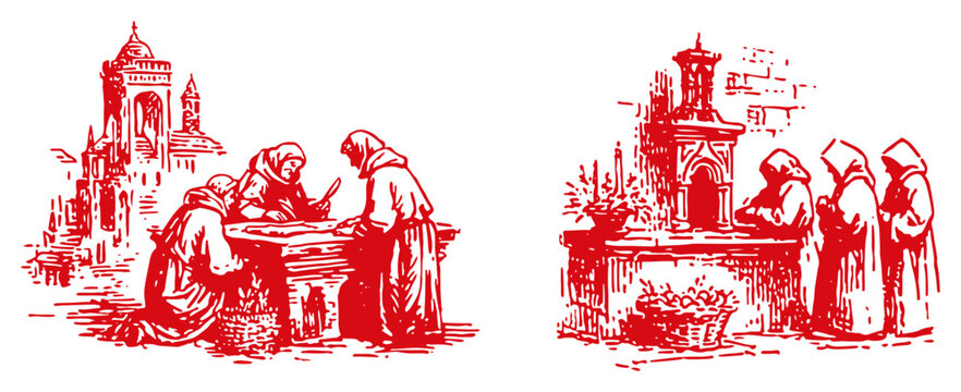 Vintage red ink illustration showing catholic monks praying at an altar and writing manuscripts in a monastery