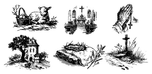 Vintage Easter religious illustrations set featuring church altar and praying hands © Tomas