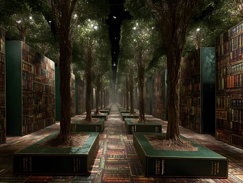 Literary Oasis: An evocative interior showcases a mesmerizing fusion of nature and knowledge, where verdant trees sprout from verdant planters. The walls are lined with a library of bound knowledge.