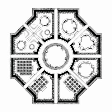 Top-down view of an ornate octagonal garden layout with geometric patterns and fountains.