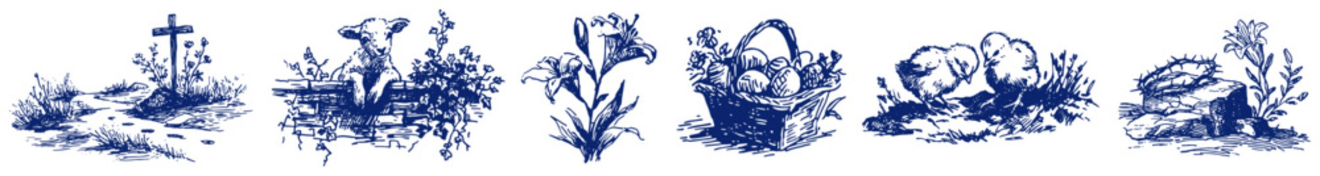 Horizontal border of blue Easter icons with lamb and christian symbols