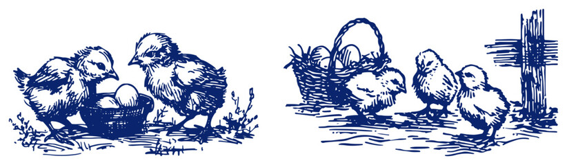 Vintage blue ink sketches of small fluffy chicks with baskets and bowls of eggs for Easter © Tomas