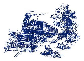 Vintage hand drawn sketch of a steam locomotive train passing through a landscape with a rabbit © Tomas