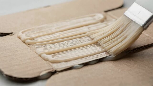 Latex glue being evenly spread on paperboard flaps in medium view showcasing ecofriendly adhesive with flexible quickdrying consistency.