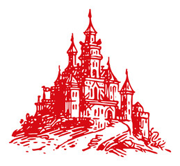Fototapeta premium Majestic fairy tale castle with spires in red ink drawing style