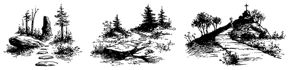 Naklejka premium Set of black ink landscape sketches featuring nature paths and a hill with a cross